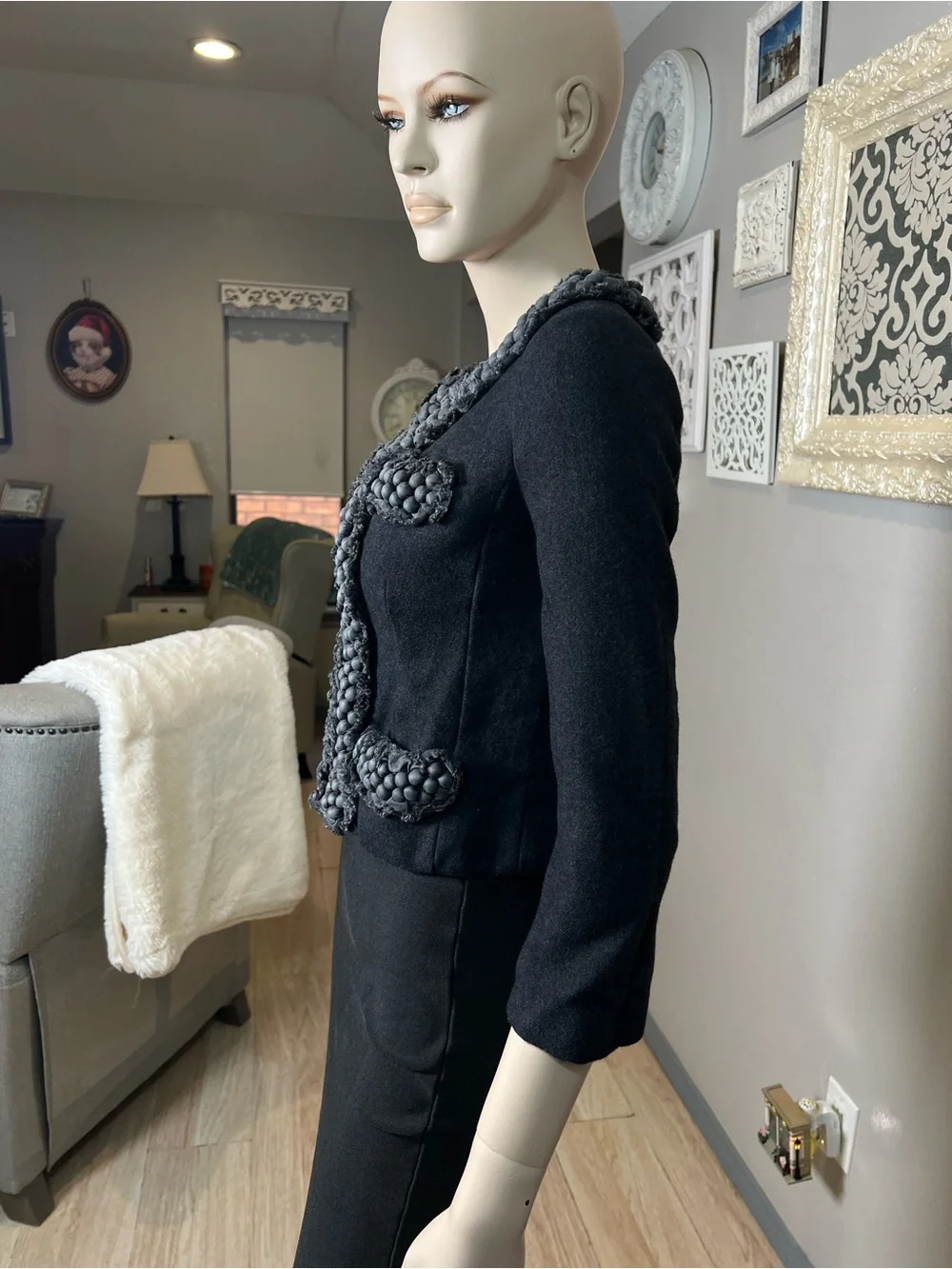 J Crew Wool Blend Denim Blue Cropped Jacket with Braided Trim